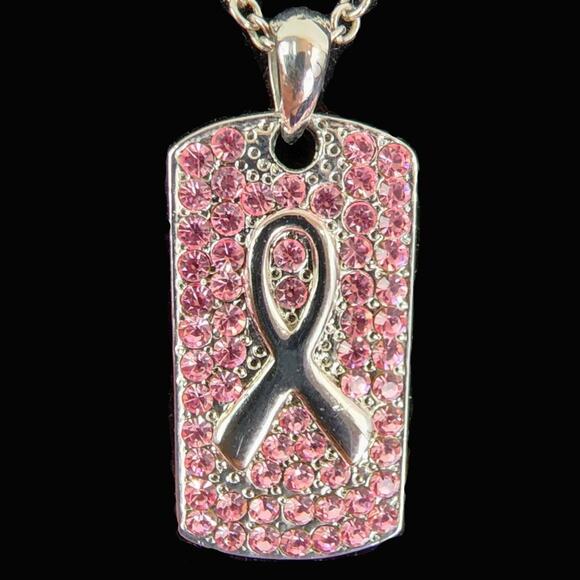 Breast Cancer Awareness Pink Crystal Dog Tag Wings Necklace Set by Cookie Lee - Picture 4 of 7